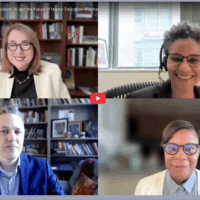 Image of Cathy Davidson, Jade Davis, Kevin Healey, and Alondra Nelson on Zoom of "AI and the Future of Higher Education"