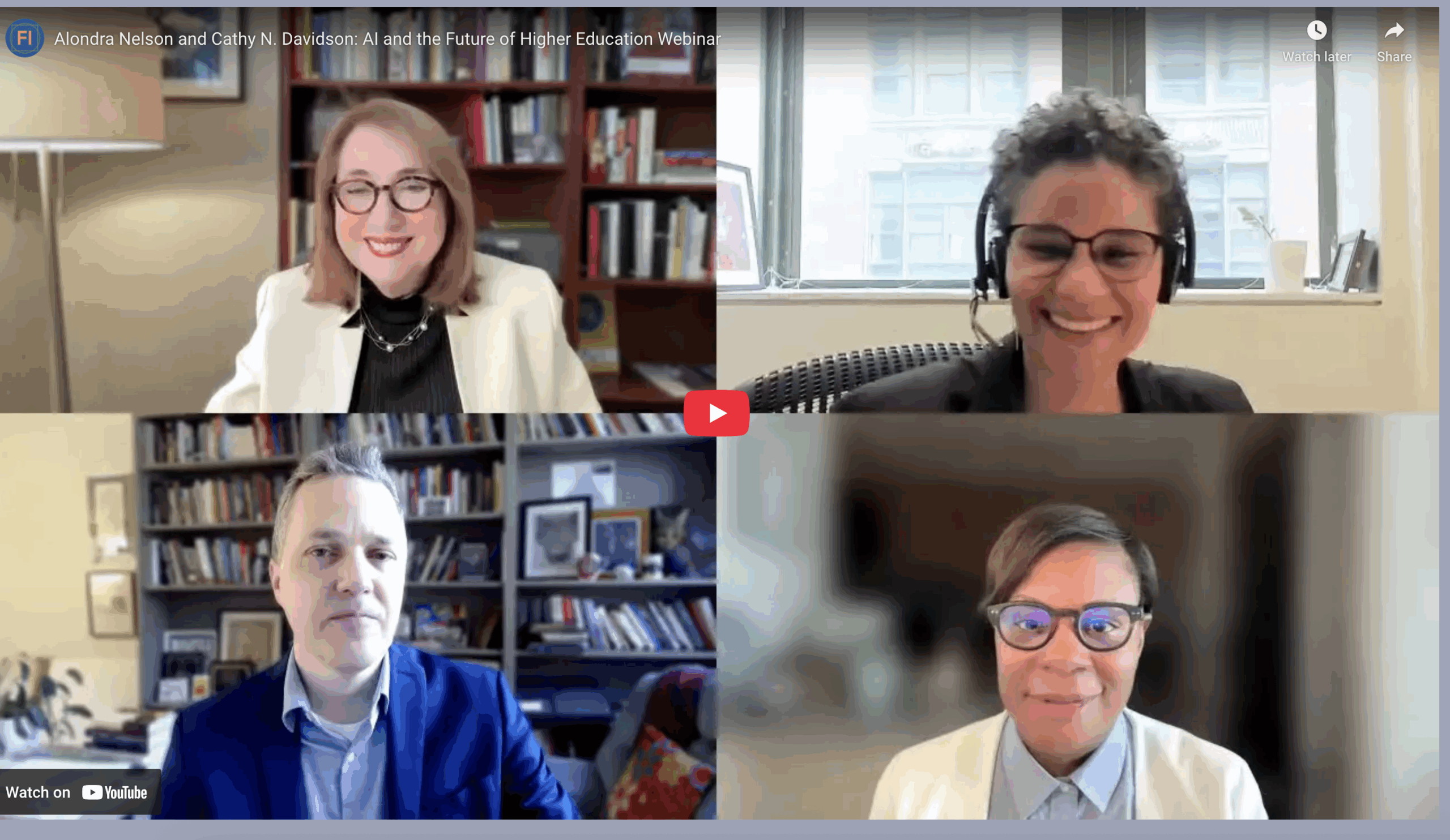 Image of Cathy Davidson, Jade Davis, Kevin Healey, and Alondra Nelson on Zoom of "AI and the Future of Higher Education"