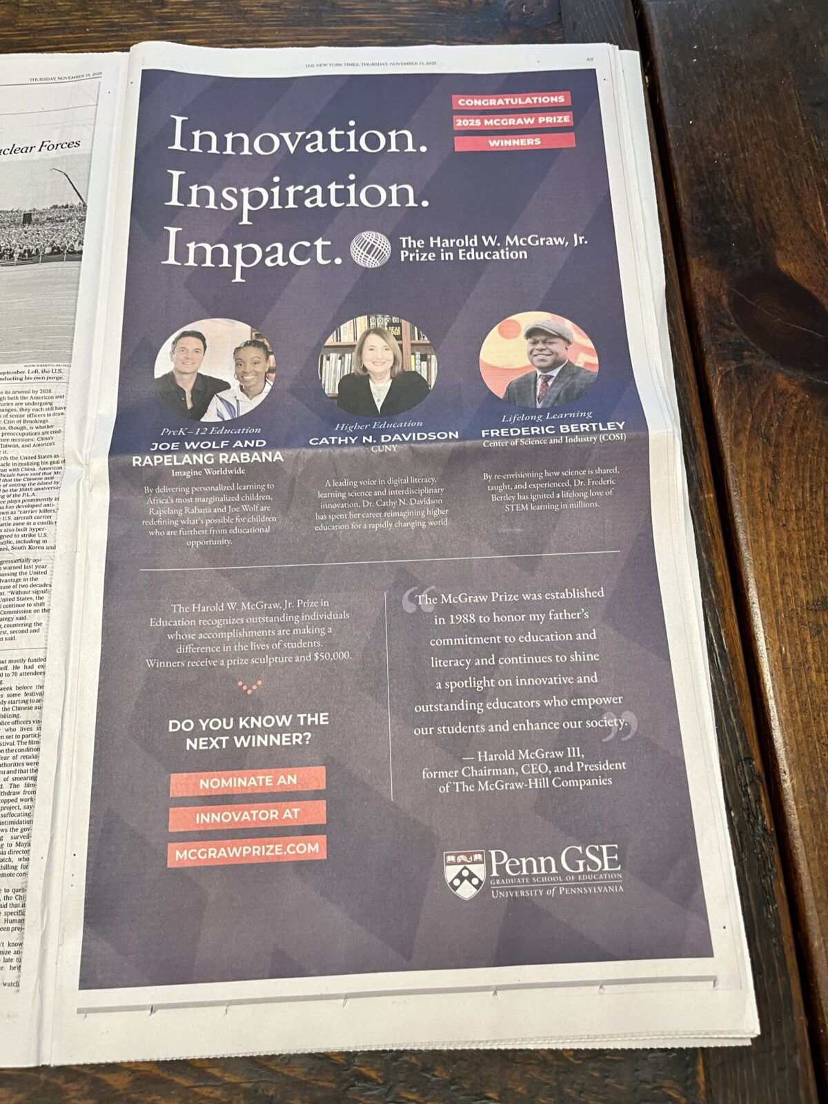 New York Times (Nov 13 2025, Page A-5) full page color announcement of 2025McGraw Recipients
