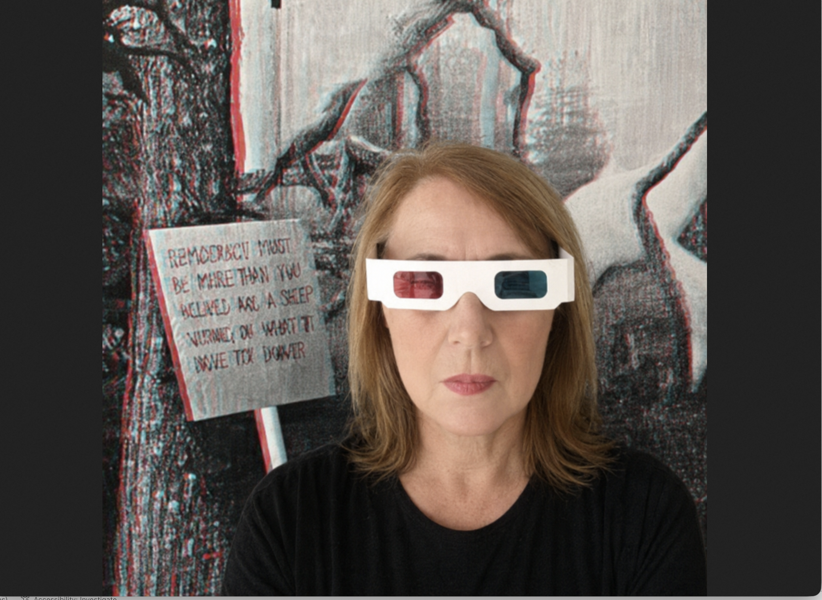 Selfie: Cat in 3-D Glasses, in front of Goshka Macuga mural at the Prada Foundation, Milan, Italy, June 10, 2026