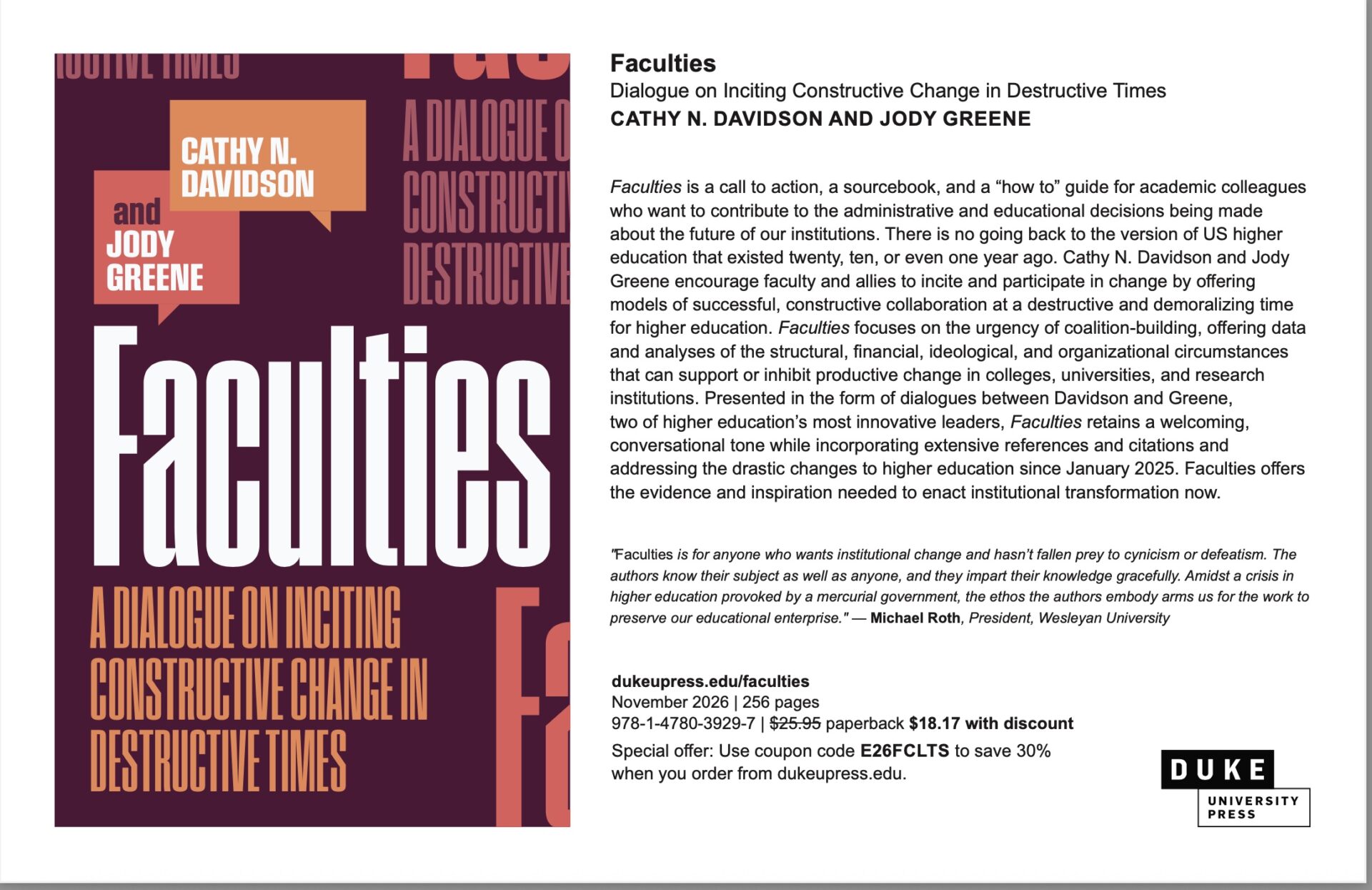 Ad for Faculties w 30% off discount code for pre-orders